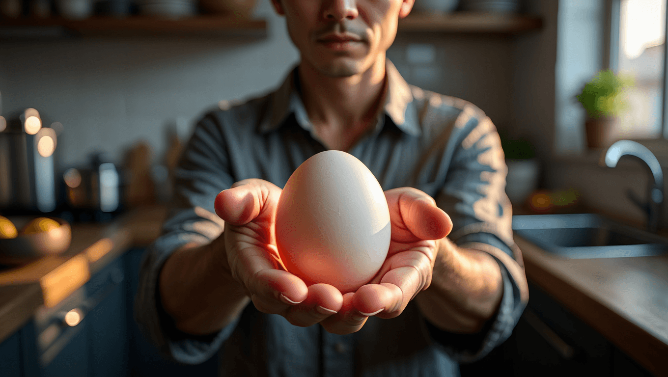 Woman refusing to eat eggs. Egg Free Affected Allergy Banned Restriction. Young beautiful woman holding fresh egg at home with open hand doing stop sign with serious and confident expression