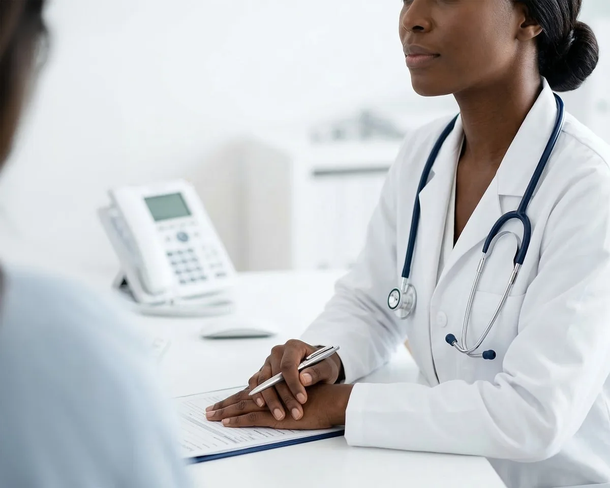 Salle de consultation médicale en journée avec stéthoscope sur un bureau